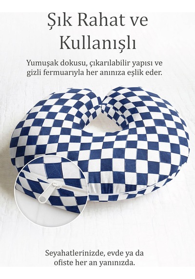 Lacivert Ekose Desenli Ergonomik Boyun Yastığı-modern Kare Desen Mavi Beyaz Yetişkin Seyahat Yastığı Soluk Sisli Hardal