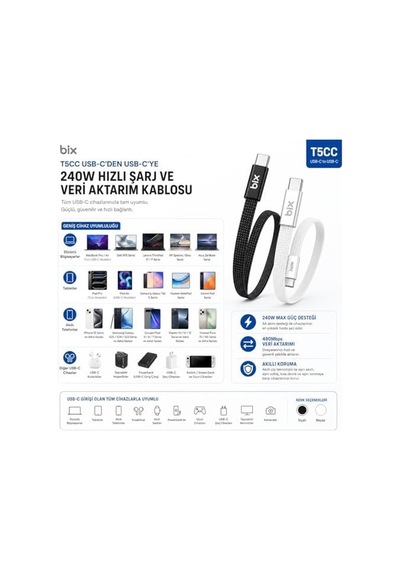 T5cc-bk Siyah 1 Metre 240w Type-c To Type-c Örgülü Hızlı Şarj Ve Data Kablosu, 480mbps 240w Type C Turbo Şarj Kablosu, Tüm Type C Telefon Ve Tabletlerle Uyumludur Max 48v 5a