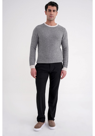 Slim Fit Renkli Ribanalı Ekru Gri Yünlü Bisiklet Yaka Triko Kazak Tr 890 Ekru-gri