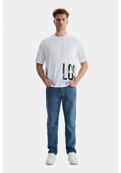 Ucla Ignıso Beyaz Bisiklet Yaka Baskılı Oversize Erkek Tshirt Beyaz