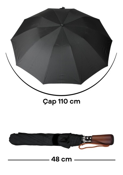 Newdaki Ahşap Sap 110 Cm Elegant Otomatik Çelik 10 Telli Siyah Şemsiye Rüzgar Korumalı Ponçi Kumaş Siyah
