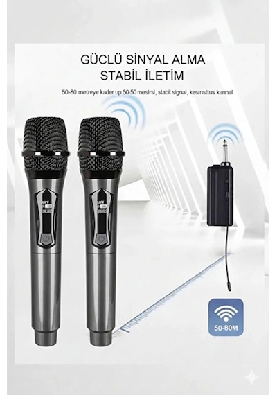 Profesyonel Çiftli Kablosuz Mikrofon Seti Karaoke Şarj Edile