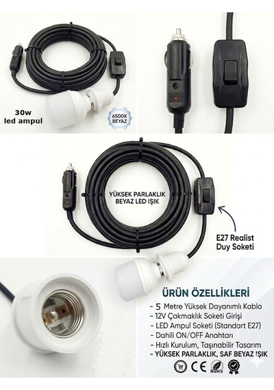 Araç Çakmak Girişli 30w 12v Led Ampul,lü E27 Duylu Anahtarlı Araç,karavan,kamp Seyyar Lamba 12/16a 2 X1,5mm Ttr Ba