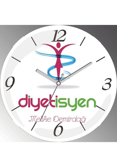 Kişiye Özel Diyetisyen Logolu Çap 30cm Sessiz Akar Bombeli Gerçek Cam Duvar Saati Siyah