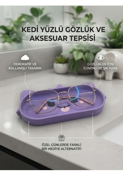 Mor Kedi Karakter Figür Tasarımlı Gözlük Tutucu Ve Çok Amaçlı Organizer
