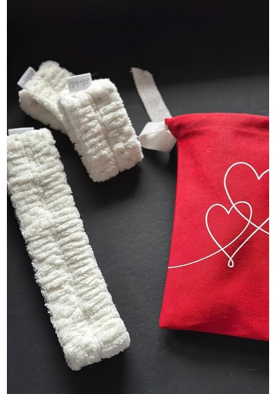 Mikrofiber Welsoft Saç Bandı Ve Bileklik Seti, Yumuşak Beyaz, Yüz Yıkama Ve Makyaj İçin, Kırmızı Keseli, 4 Parça