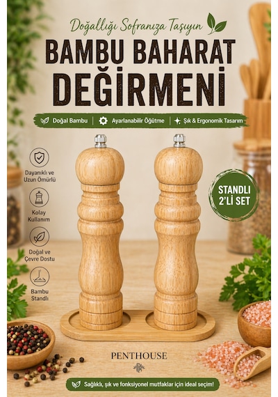 Doğal Bambu Tuz & Karabiber Değirmeni Seti Manuel Öğütücülü Şık Mutfak Seti 2 Li Standlı Açık Bej