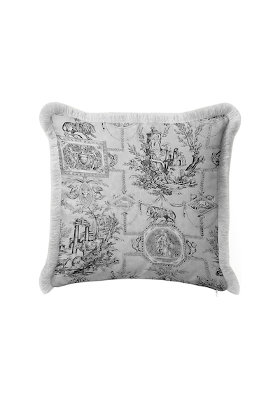 Vintage Toile De Jouy Saçaklı Yastık Kılıfı - Klasik Pastoral Gri Krem Vizon Püsküllü Kırlent Kılıfı Kahverengi