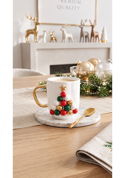 Yılbaşı Ağacı Kabartmalı Seramik Mug 300 Ml El Yapımı 24k Altın Detaylı Beyaz - Çok Renkli