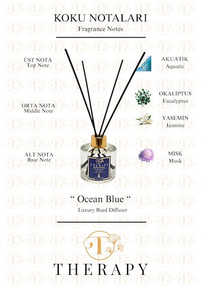 Therapy Smell, Ocean Blue - Lüks Çubuklu Oda Kokusu / 120 Ml / Extra Clear Silindir Cam Şişe / Metal Altın Kapak / Hediyeli Okyanus