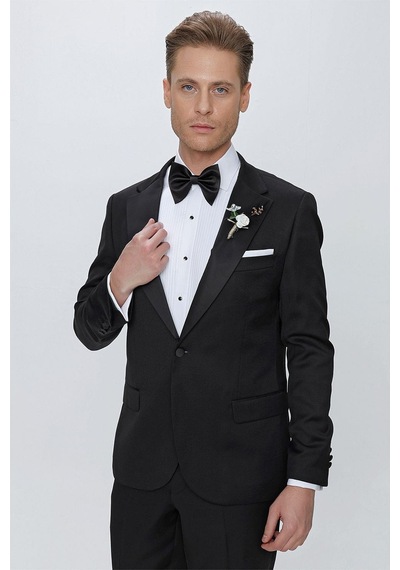Efor Black 062 Slim Fit Çıkarılabilir Saten Yaka Siyah Damatlık Smokin Takım Siyah
