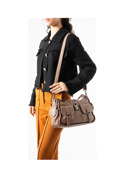 571 Collections Yıkanmış Deri Omuz Kol Çantası Vizon - Kilit Aksesuarlı Model: 571-13s