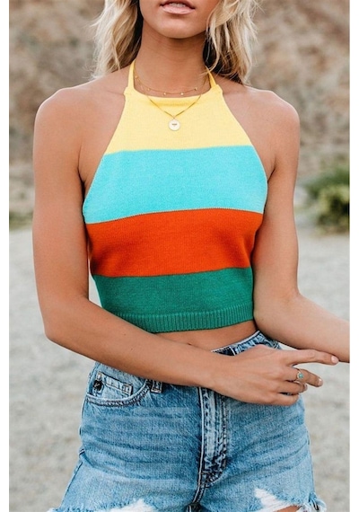 Aqe Fashion Kadın Çok Renkli Yazlık Sırt Dekolteli İp Bağlamalı Triko Crop Bluz Çok Renkli