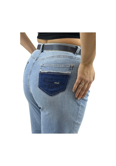 Büyük Beden Denim Kemerli Yüksek Bel Toparlayıcı Bol Paça Kadın Pantolon Mavi