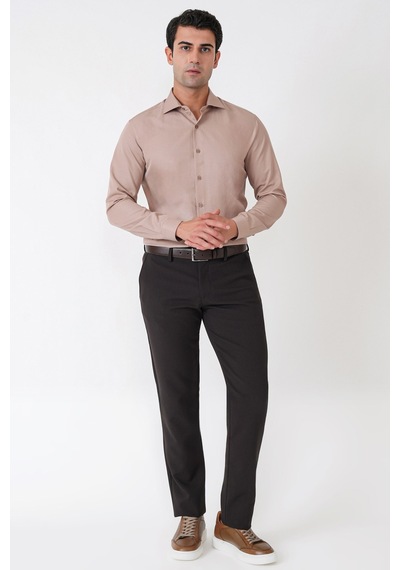 Slim Fit Pamuk Saten Klasik Bej Gömlek Gk 604
