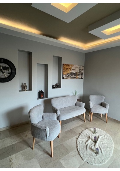 Azra Mobilya Azra Aksesuar Çay Seti Oturma Grubu, Puffy Kumaş, Koltuk Takımı, Ahşap Ayak, Balkon Bahçe Mobilyası Açık Gri