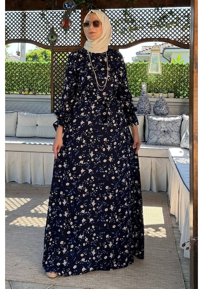 Rabia Şamlı Bihter Mavi Yapraklı Elbise Normal