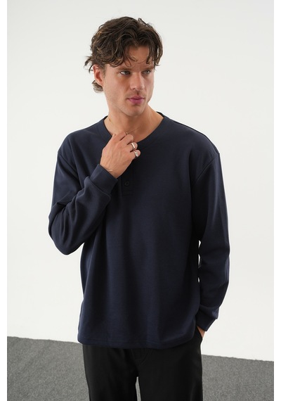 Redline Taren Oversize Erkek Kışlık Düğmeli Sweatshirt Lacivert