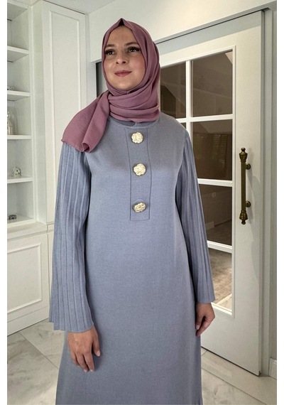 Rabia Şamlı Banu Broşlu Triko Elbise Gri Normal