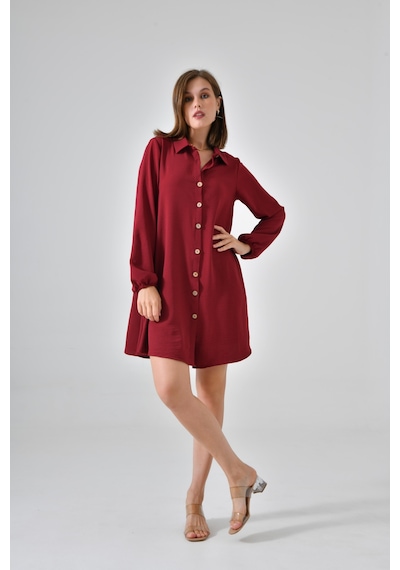 Bordo Ahşap Düğmeli Tunik Bordo