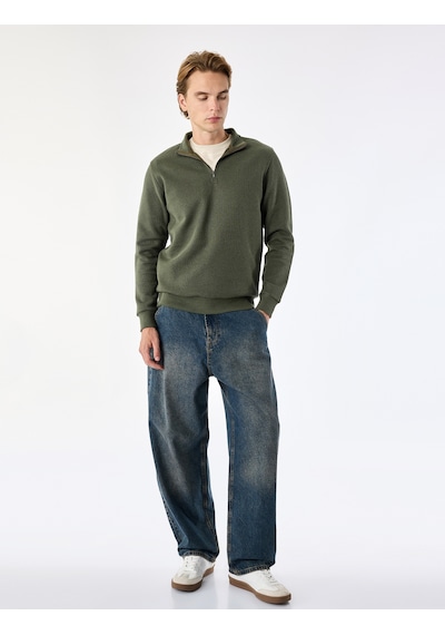 Koton Regular Fit Uzun Kollu Fermuar Detaylı Dik Yaka Sweatshirt Haki 7wam70009mk