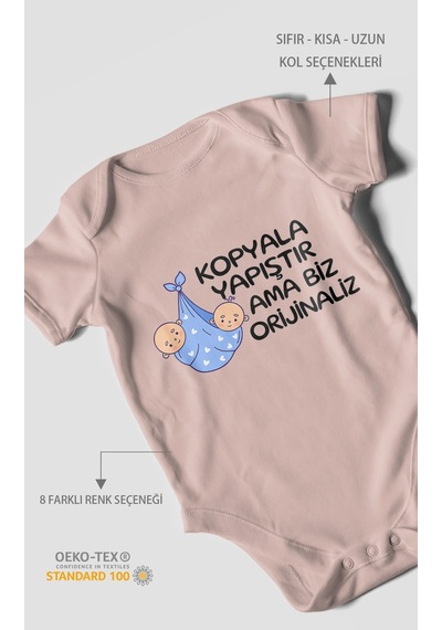 Morivokids Kopyala Yapıştır, Ama Yazılı Kısa Kollu Bebek Body %100 Pamuk Pastel Pembe