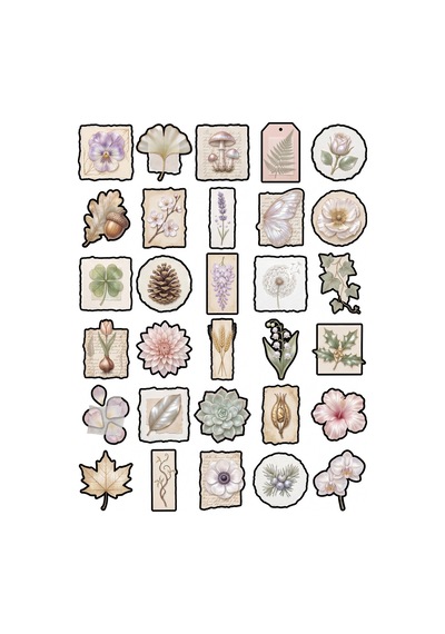 30 Adet Vintage Botanik Kolaj Sticker Seti - Ajanda Scrapbook Defter İçin Çok Renkli