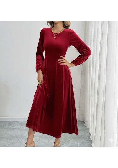 Meleners Kadın Uzun Kollu Bisiklet Yaka Midi Kadife Elbise Bordo