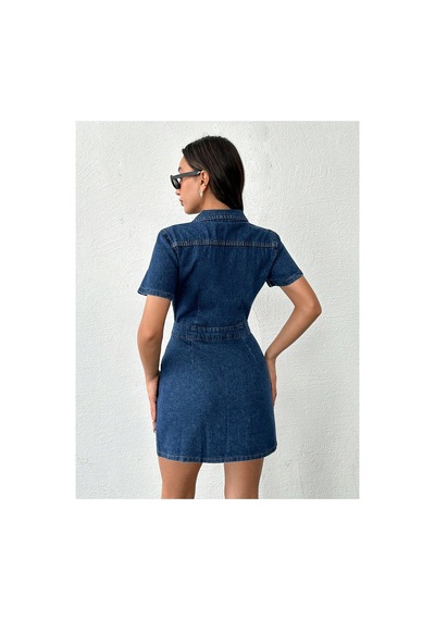Kene Jeans Ön Arka Pensli Düğme Kapamalı Lacivert Elbise Lacivert
