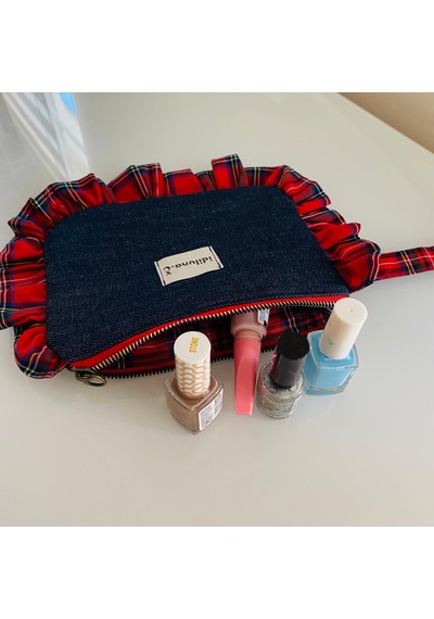 İdiluna Kırmızı Ekose Fırfırlı, Denim Ve Bilek Askılı Makyaj Çantası / Clutch Lacivert Kırmızı İdiluna Kırmızı Ekose Fırfırlı, Denim Ve Bilek Askılı Makyaj Çantası / Clutch Lacivert Kırmızı