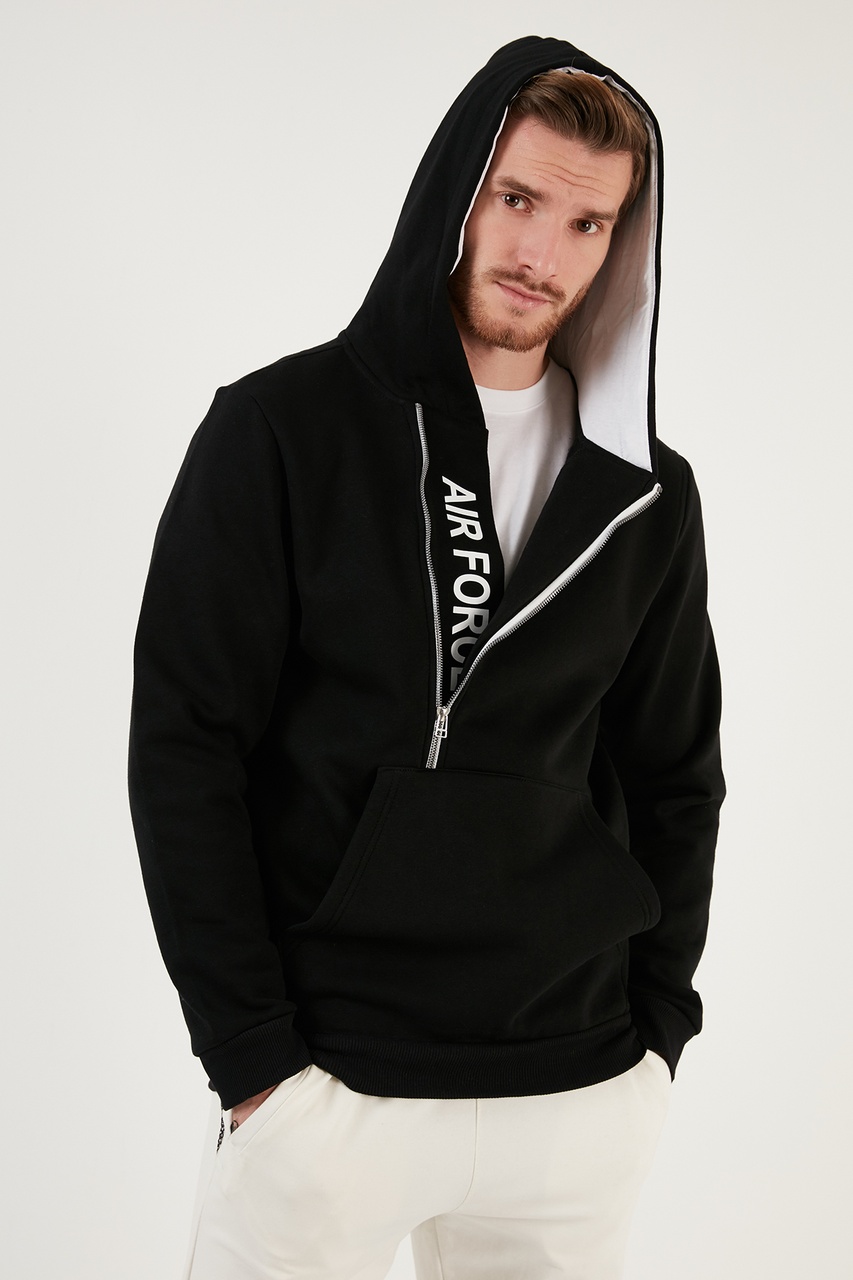 Buratti Kanguru Cepli Fermuarlı Kapüşon Yaka Slim Fit Erkek Sweat 575707 Siyah-Siyah