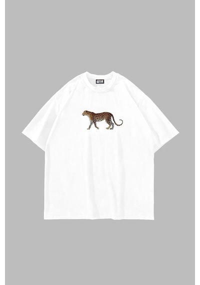 Flood Of Style Walking Leopard Baskılı Oversize Unisex Beyaz Çok Renkli