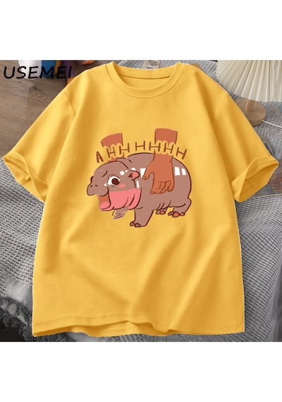 Flood Of Style Moo Deng Meme T Shirt Komik I Love Moo Deng Tee Hippo Sevgilisi T-shirt Pamuk Kısa Kol Sarı