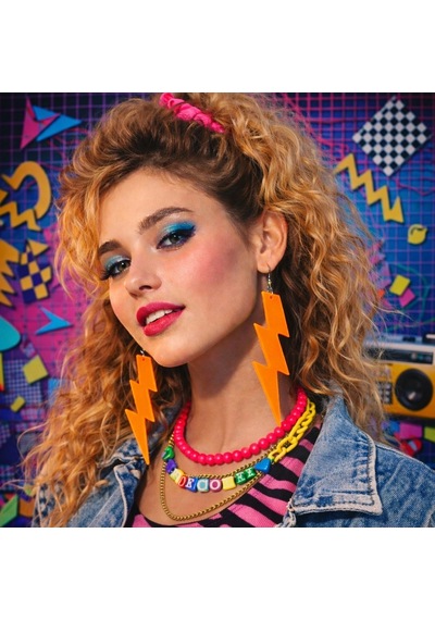 80 Ler 9039lar Retro Neon Turuncu Şimşek Küpe 10 Cm