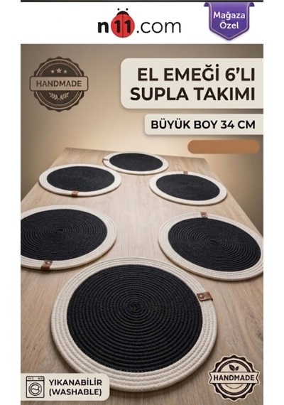 Şık El Yapımı Siyah Beyaz 6'lı Yıkanabilir Supla Takımı. 34cm Büyük Boy Amerikan Servis Siyah-beyaz