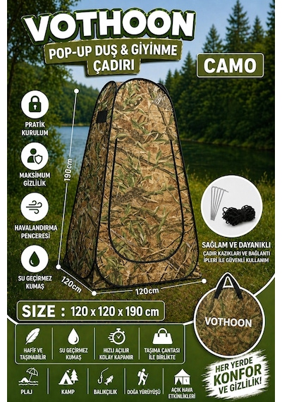 Otomatik Kabin Giyinme Çadırı 120x120x190 Cm Üst Havalandırma Yan Pencereli Duş & Wc Çadırı Kamuflaj