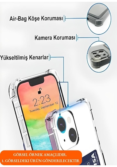 İphone 16 Plus Uyumlu Kamera Korumalı Kartlıklı Köşeleri Airbag Tasarımlı Darbe Önleyici Şeffaf