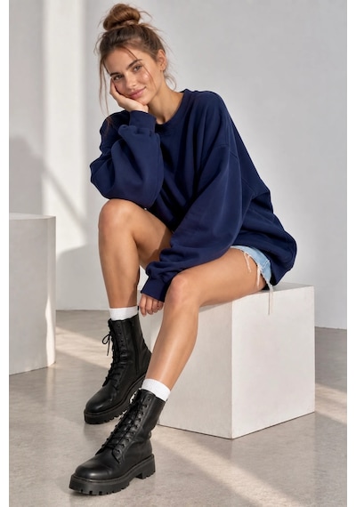 Bb Butik Basic 3 İplik Oversize Salaş Basic Sweatshirt Bisiklet Yaka My3535 Lacivert