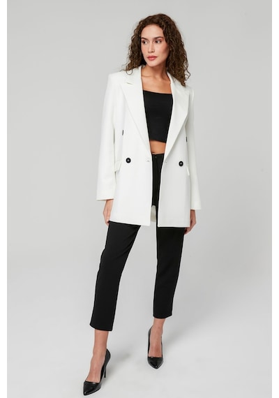 Ekru Regular Astarlı Kruvaze Kapama Dokuma Blazer Ceket 001