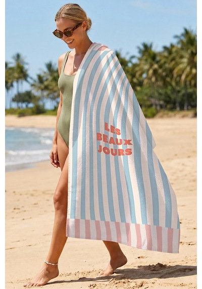 Çizgili Modern Marine Plaj Havlusu - Mavi Pembe Akdeniz Stil Hızlı Kuruyan Mikrofiber Havlu Çiy Leylak