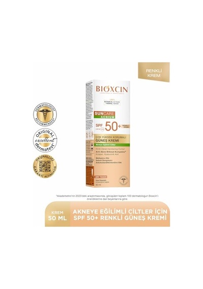 Bioxcin Sun Care Akneye Eğilimli Ciltler Için Renkli Güneş Kremi 50 Spf - Akne, Dry Touch, Mat Tinted