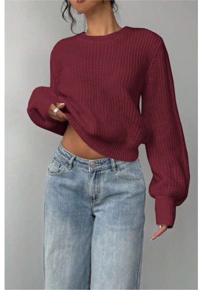 Tarz Cool Kadın Bordo Oversize Bisiklet Yaka Balon Kol Fitilli Triko Kazak Bordo