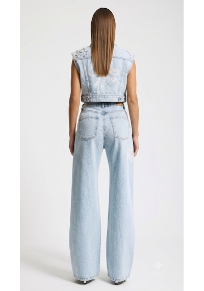 Meryu Ticaret Jeans Pantolon Straight Fit Taş İnci Dantel Detaylı Özel Tasarım Denim Buz Mavi