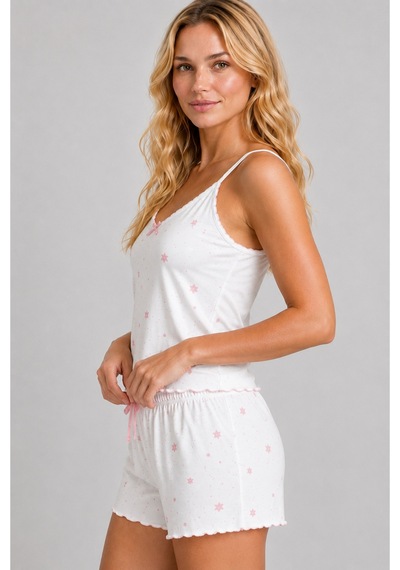 Pijamask Kadın Yıldız Desenli İnce Askılı Şortlu Yazlık Pijama Takımı Beyaz/pembe Beyaz