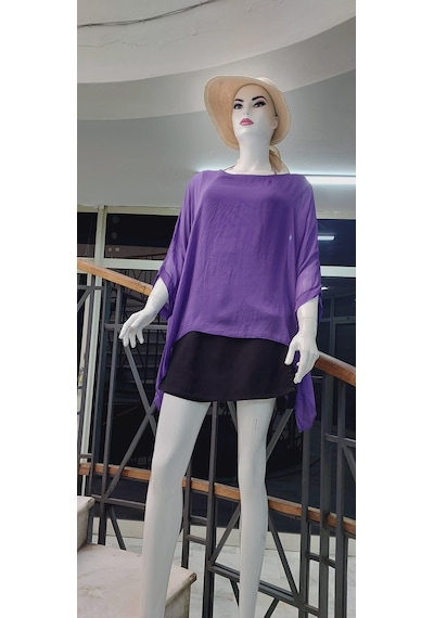 Bohem Stil İtalyan Yarasa Kollu İpek Bluz Mor
