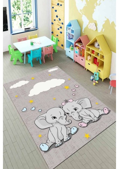 Gri Kaymaz Tabanlı Filli Bebek Halıları Çocuk Halısı Kd120n11