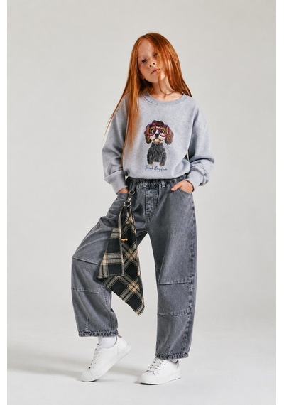 Loco Loco Gri Kız Çocuk Denim Pantolon