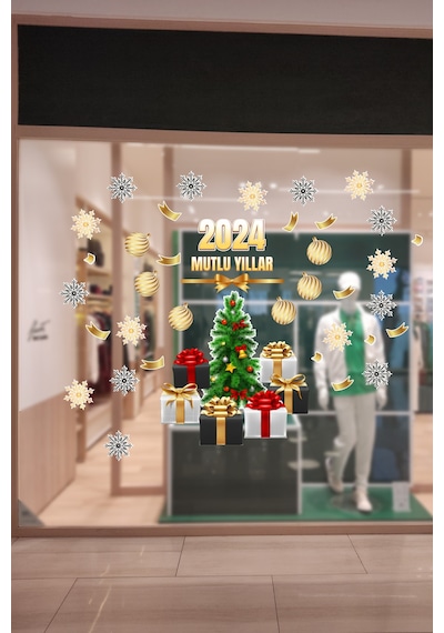Crevidi Mağaza Mutlu Yıllar 2024 Vitrin Süsü Sticker 132 Parça