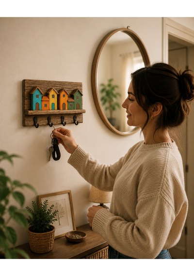 Dekoratif Ahşap Ev Figürlü Anahtarlık Askılığı 20x30 Cm 4 Kancalı Duvar Anahtarlığı Organizer Çok Renkli