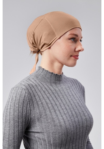 Sonbaharmoda Kadın Tesettür Likralı Penye Dikişsiz Kaymaz Düz Bağlamalı Bone Sütlü Kahverengi